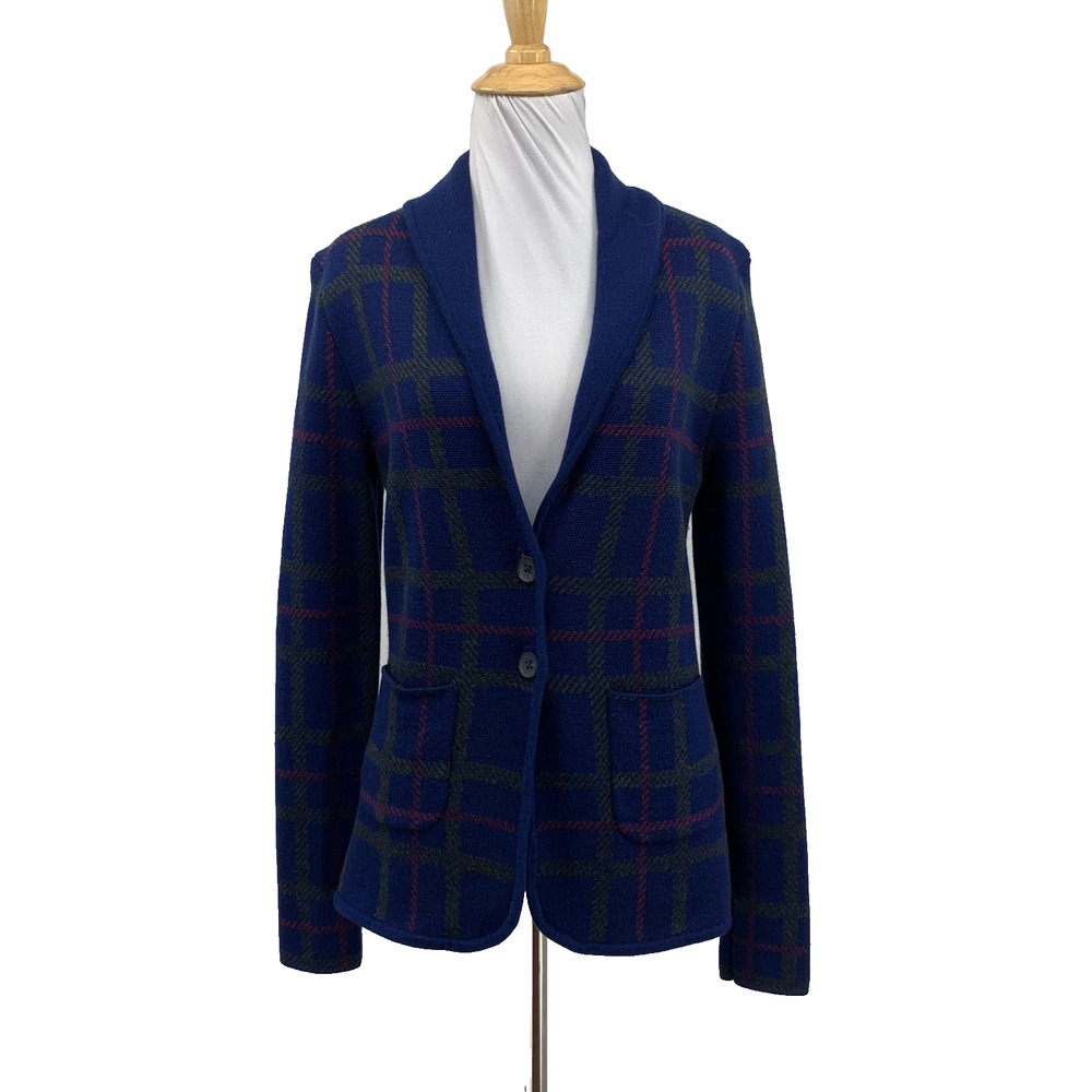 Margaret O'Leary Blazer Womens 4/6 Dark Blue Merino Wool Plaid 2 Button Jacket